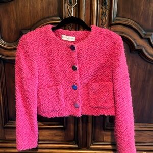 Mango cropped hot pink jacket with jeweled buttons.